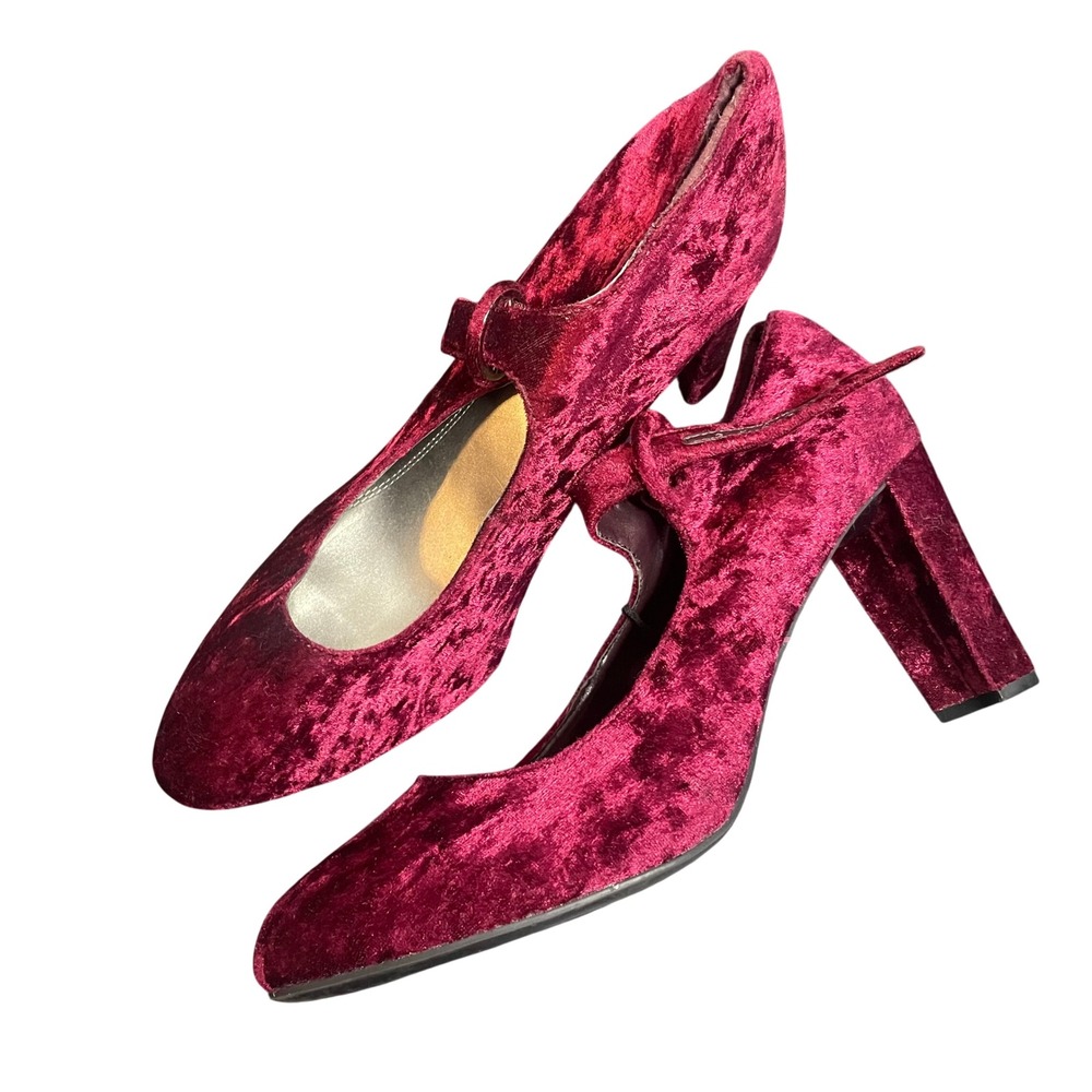 Impo Tina Burgundy Crushed Velvet Mary Jane Block Heel Pumps Womens Size 12M